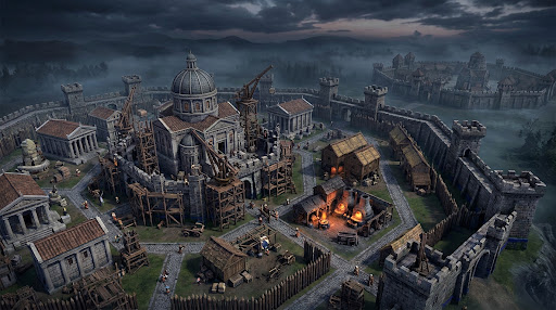 Concept illustration of a riverside settlement with an aqueduct — preview art, not final game graphics